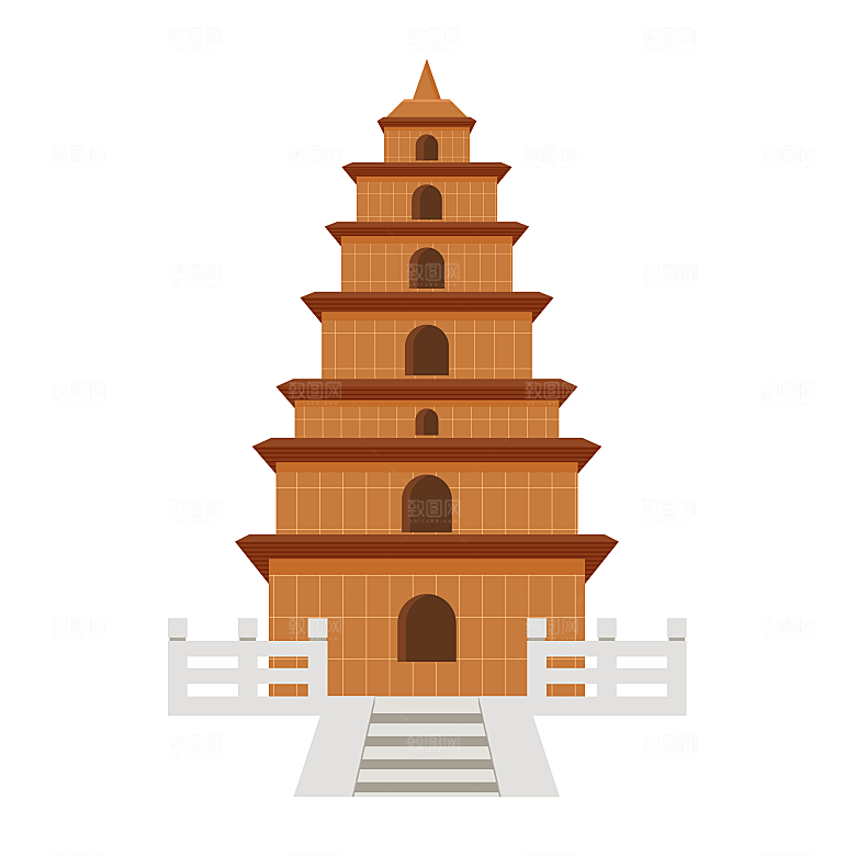 国潮风古建筑古楼古塔鼓楼复古中国风插画