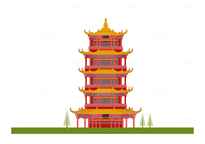 国潮风古建筑古楼古塔鼓楼复古中国风插画