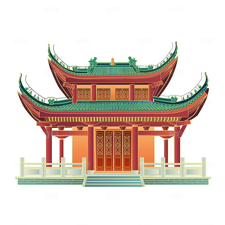 国潮风古建筑古楼古塔鼓楼复古中国风插画