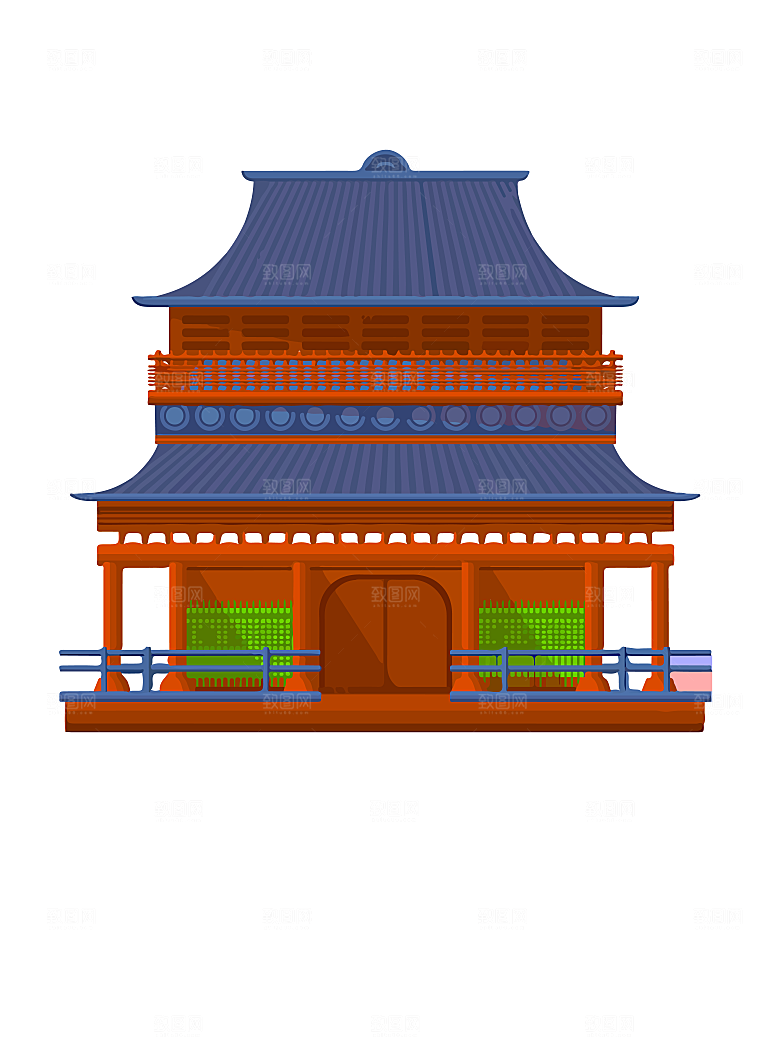国潮风古建筑古楼古塔鼓楼复古中国风插画