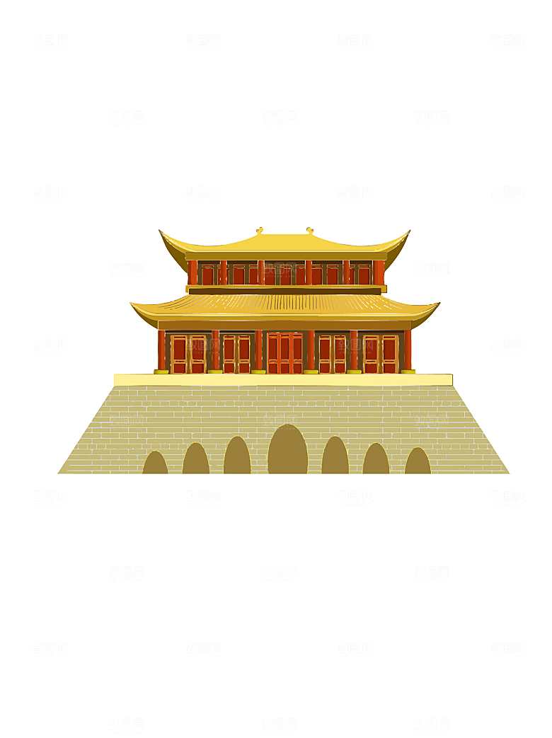 国潮风古建筑古楼古塔鼓楼复古中国风插画