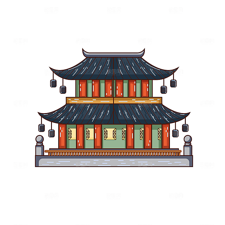 国潮风古建筑古楼古塔鼓楼复古中国风插画