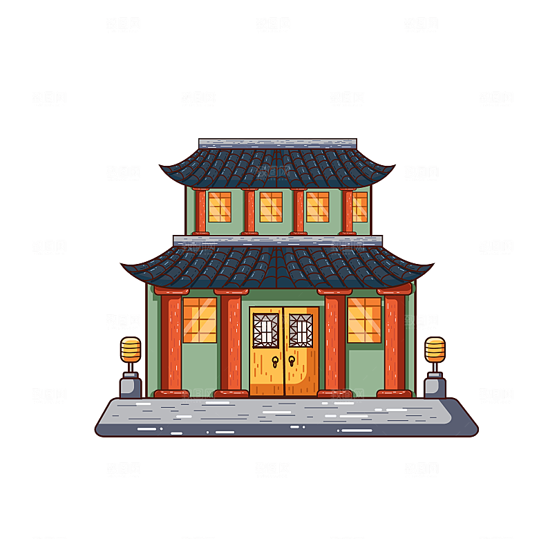 国潮风古建筑古楼古塔鼓楼复古中国风插画