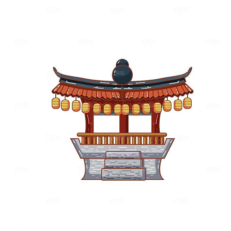 国潮风古建筑古楼古塔鼓楼复古中国风插画