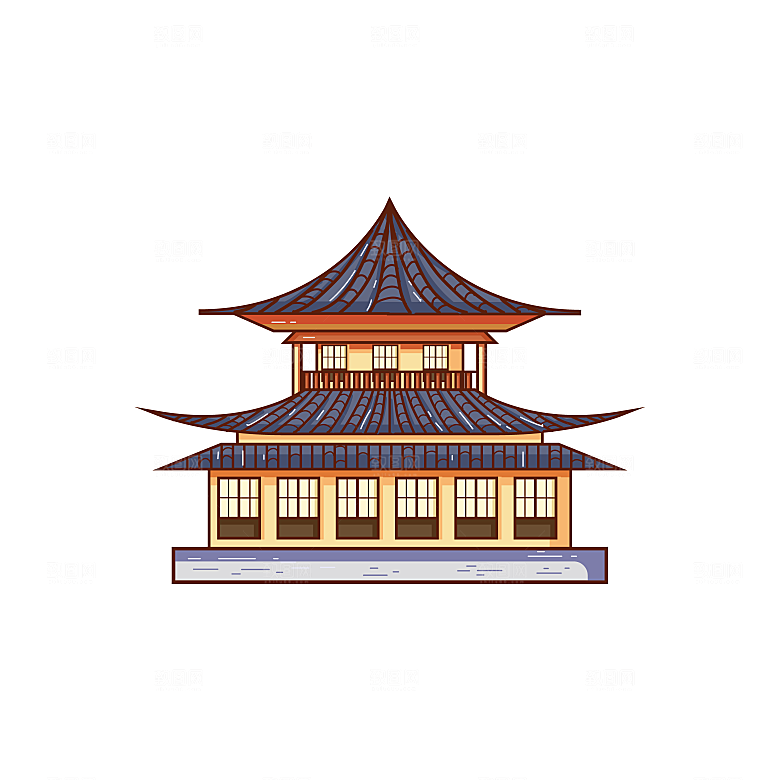 国潮风古建筑古楼古塔鼓楼复古中国风插画