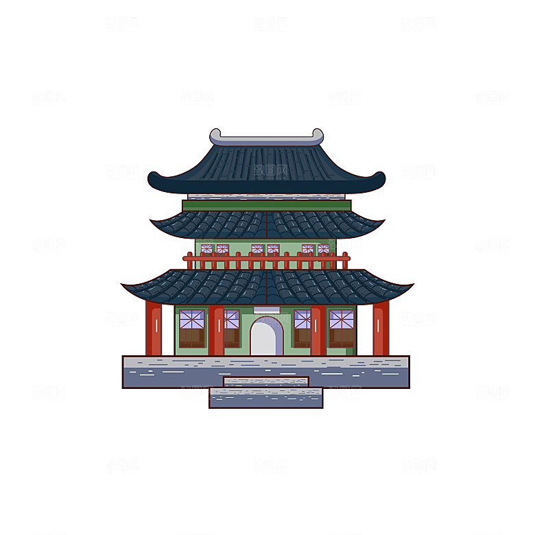 国潮风古建筑古楼古塔鼓楼复古中国风插画