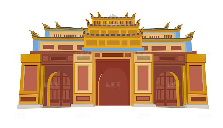 国潮风古建筑古楼古塔鼓楼复古中国风插画