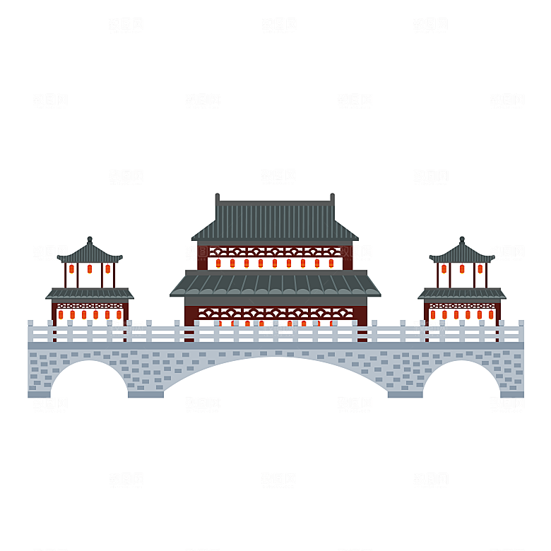 国潮风古建筑古楼古塔鼓楼复古中国风插画