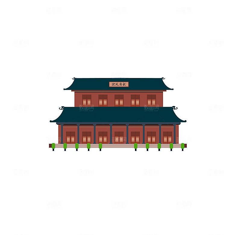 国潮风古建筑古楼古塔鼓楼复古中国风插画