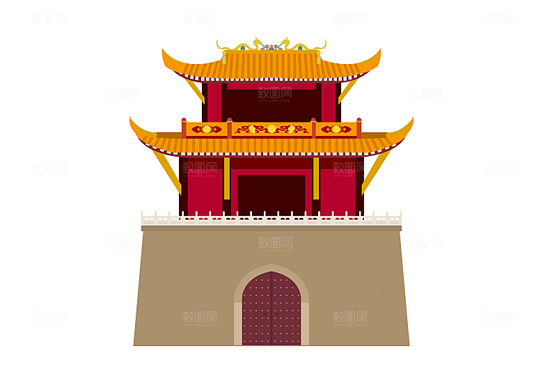 国潮风古建筑古楼古塔鼓楼复古中国风插画
