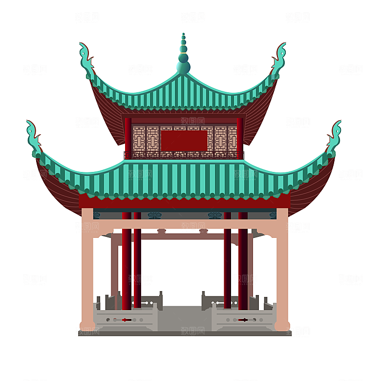 国潮风古建筑古楼古塔鼓楼复古中国风插画