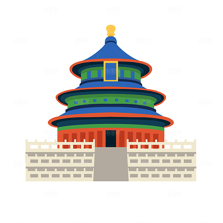 国潮风古建筑古楼古塔鼓楼复古中国风插画