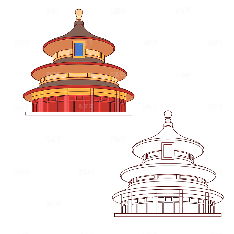 国潮风古建筑古楼古塔鼓楼复古中国风插画