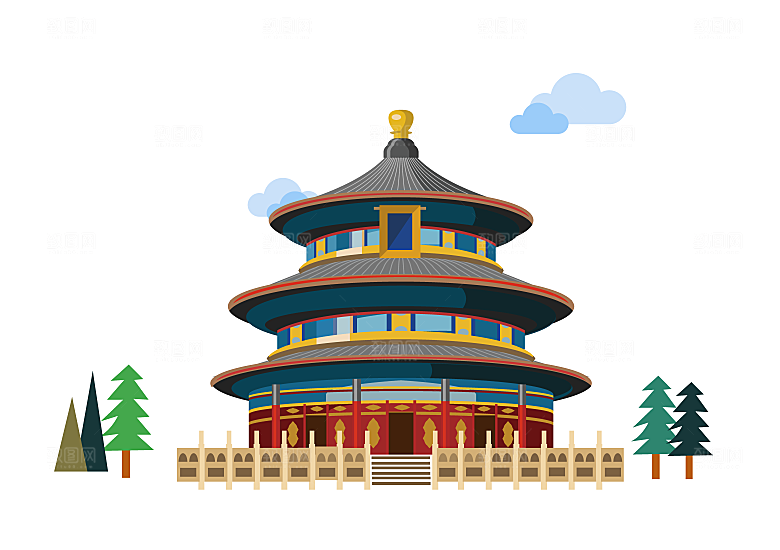 国潮风古建筑古楼古塔鼓楼复古中国风插画