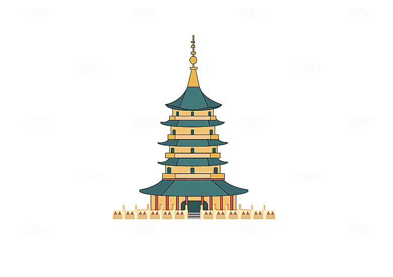 国潮风古建筑古楼古塔鼓楼复古中国风插画