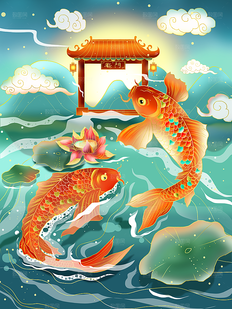 手绘国潮烫金中国风金鱼鲤跃龙门锦鲤鱼插画