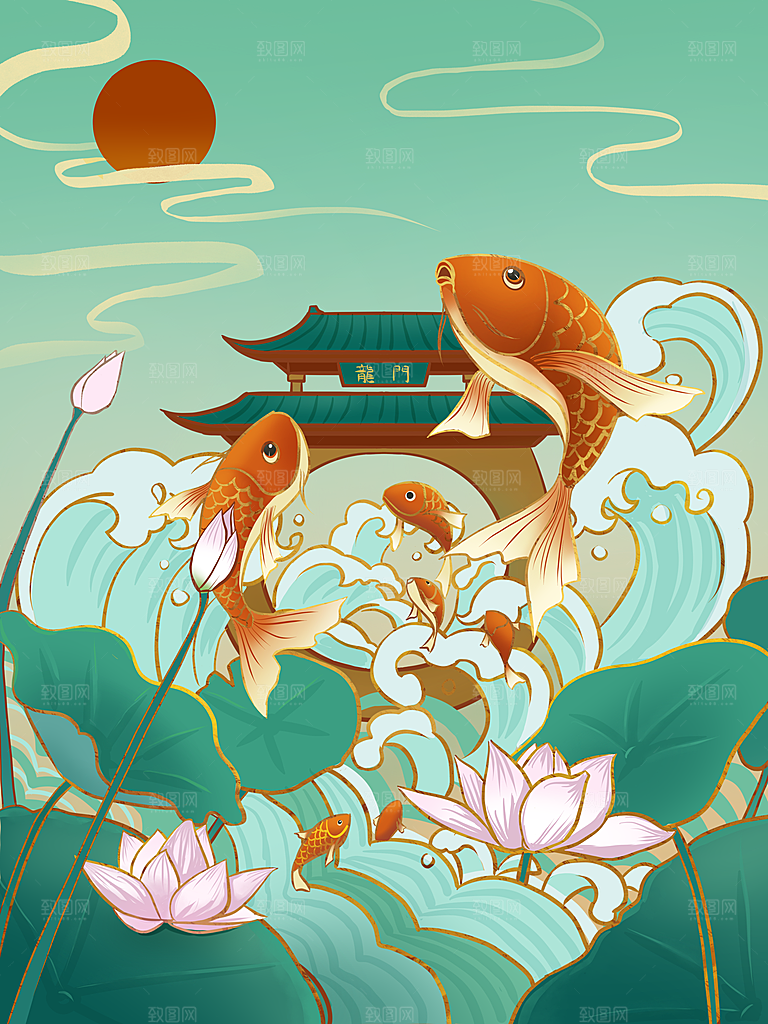 手绘国潮烫金中国风金鱼鲤跃龙门锦鲤鱼插画