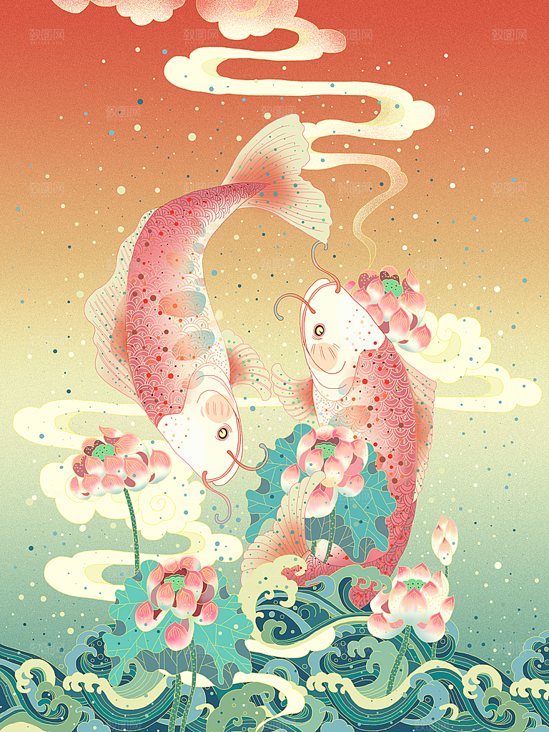 手绘国潮烫金中国风金鱼鲤跃龙门锦鲤鱼插画