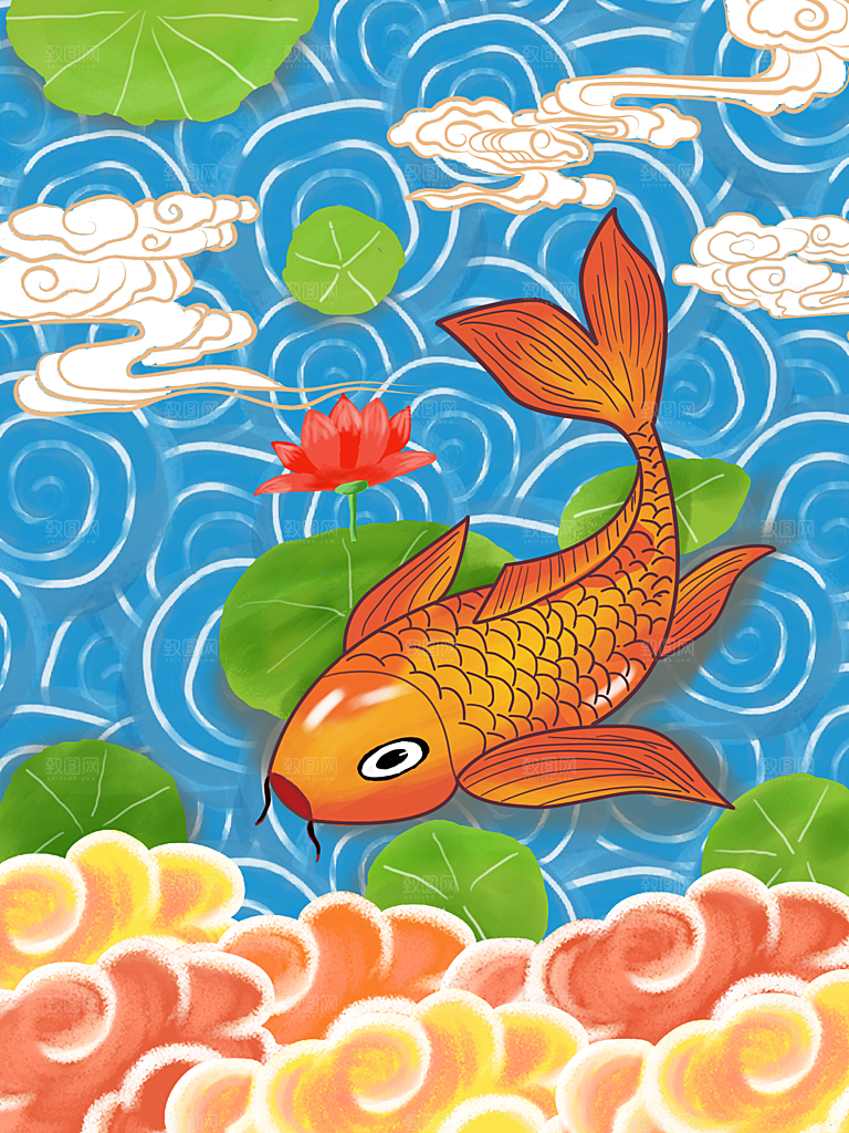 手绘国潮烫金中国风金鱼鲤跃龙门锦鲤鱼插画