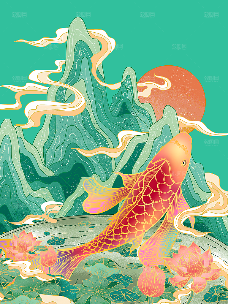 手绘国潮烫金中国风金鱼鲤跃龙门锦鲤鱼插画
