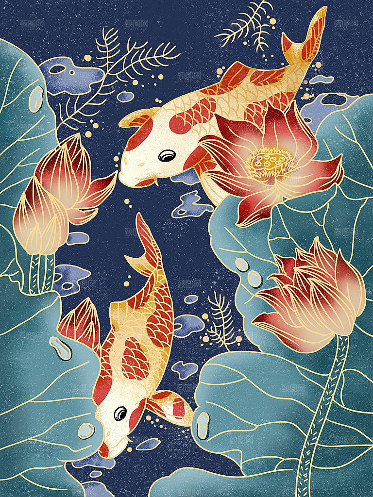 手绘国潮烫金中国风金鱼鲤跃龙门锦鲤鱼插画