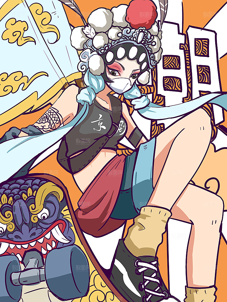 中国风国潮国粹戏曲人物脸谱插画