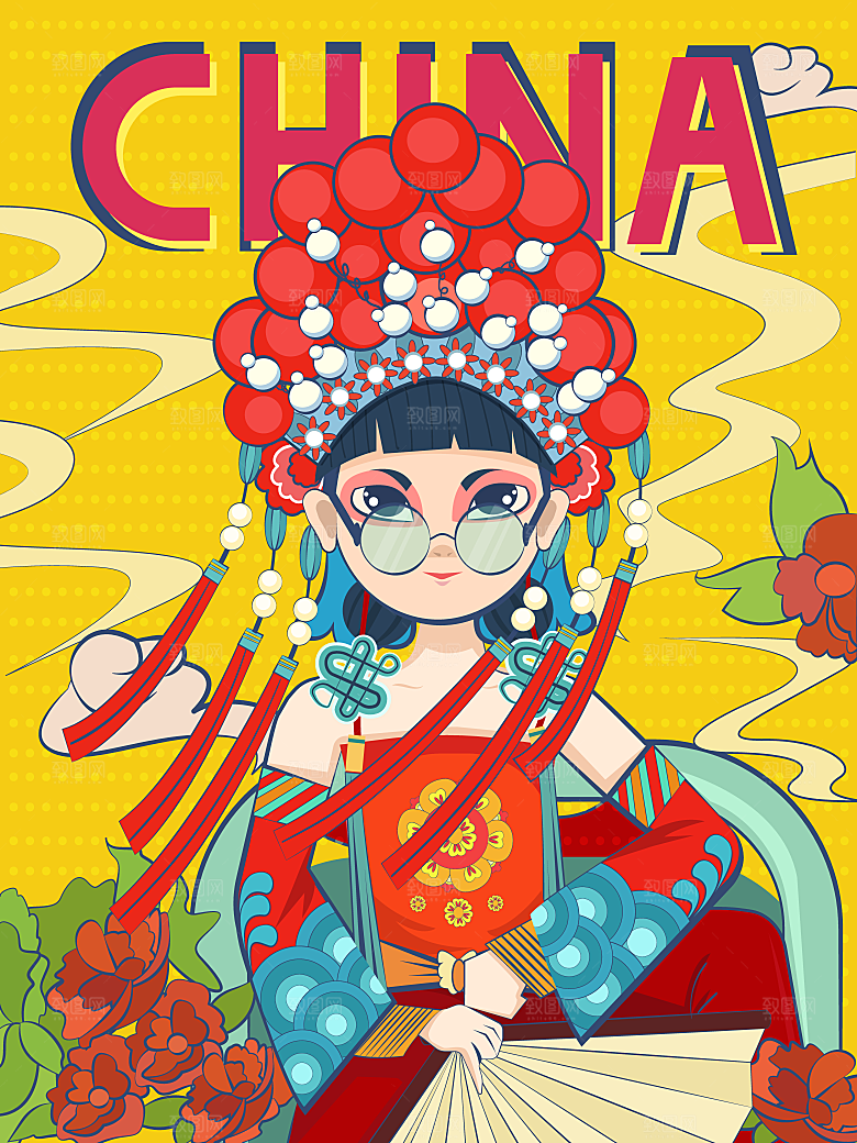 中国风国潮国粹戏曲人物脸谱插画