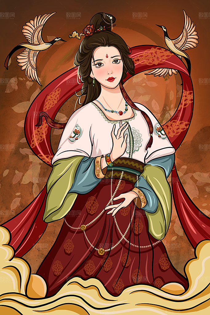 中国风复古国潮烫金岩彩飞天仙女敦煌插画