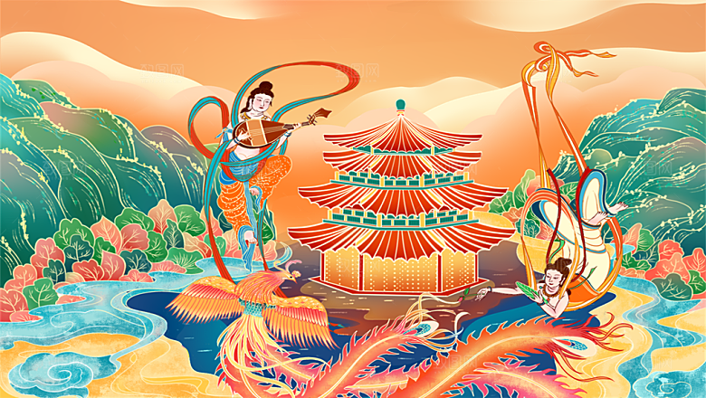 中国风复古国潮烫金岩彩飞天仙女敦煌插画