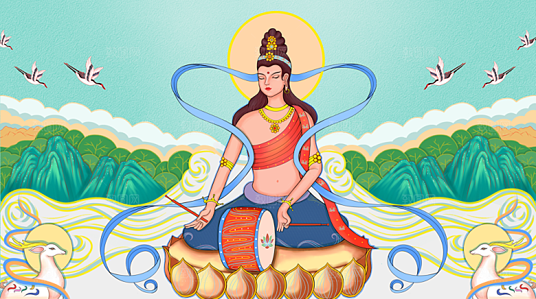 中国风复古国潮烫金岩彩飞天仙女敦煌插画