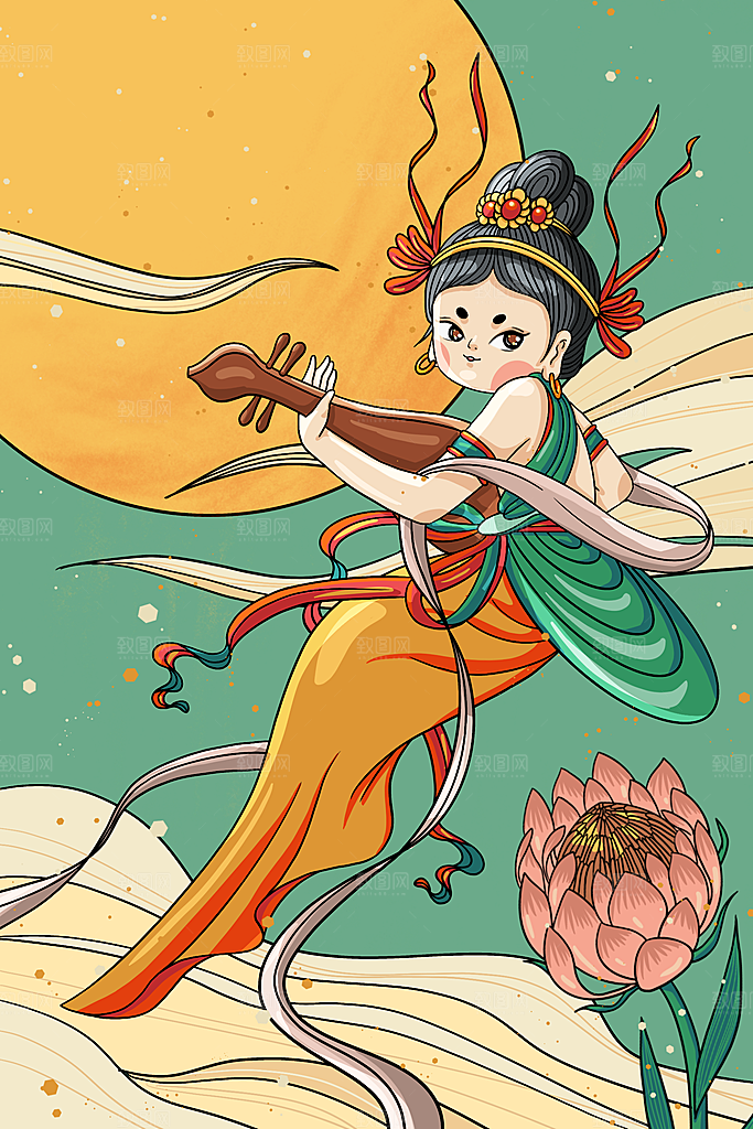 中国风复古国潮烫金岩彩飞天仙女敦煌插画