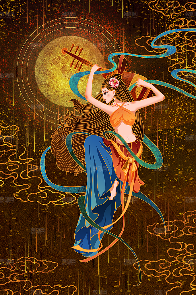 中国风复古国潮烫金岩彩飞天仙女敦煌插画