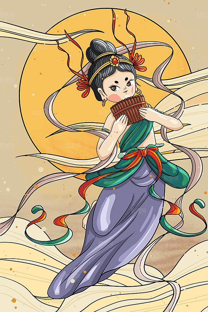 中国风复古国潮烫金岩彩飞天仙女敦煌插画