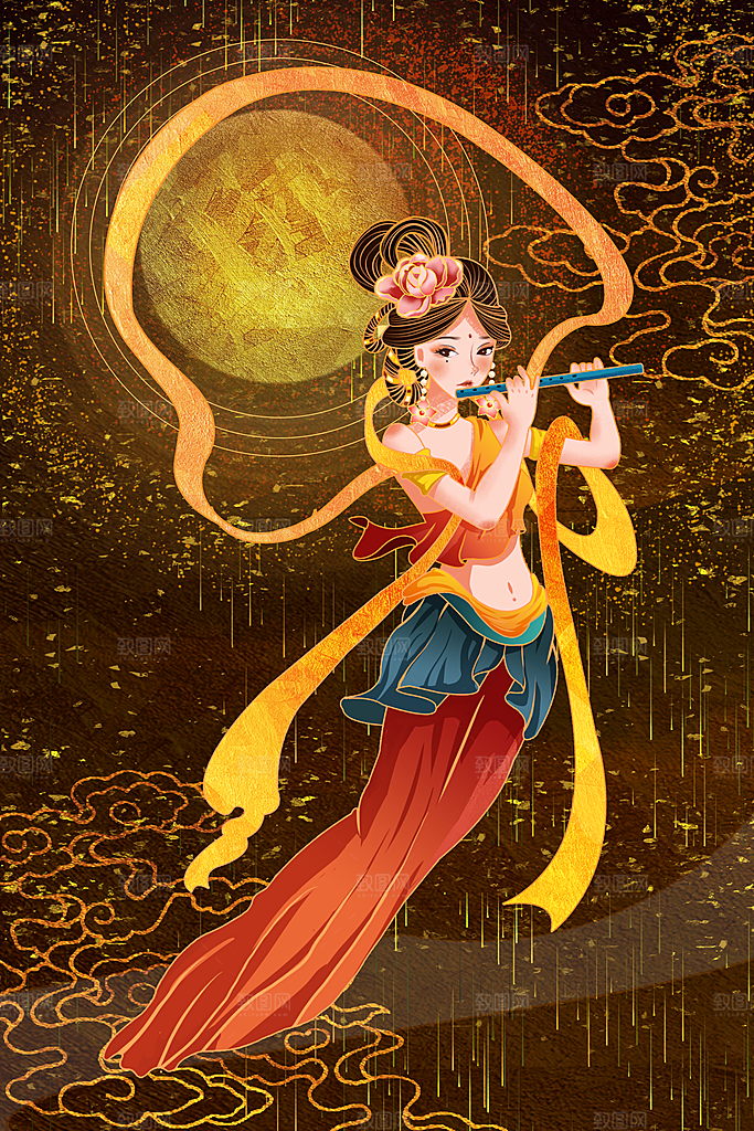 中国风复古国潮烫金岩彩飞天仙女敦煌插画
