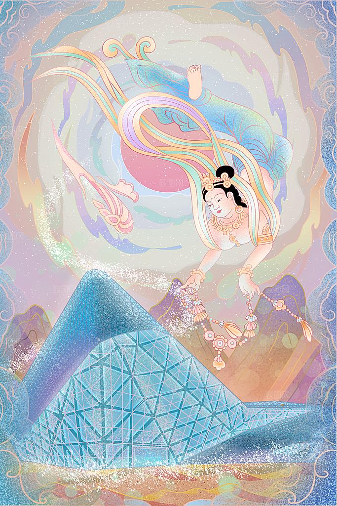 中国风复古国潮烫金岩彩飞天仙女敦煌插画