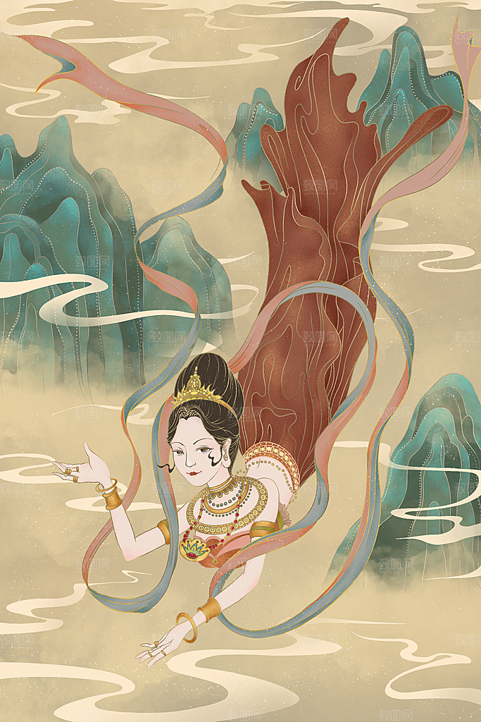 中国风复古国潮烫金岩彩飞天仙女敦煌插画
