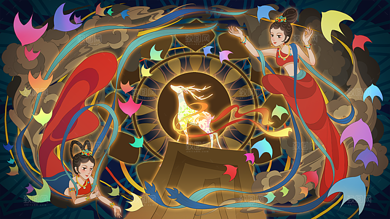 中国风复古国潮烫金岩彩飞天仙女敦煌插画