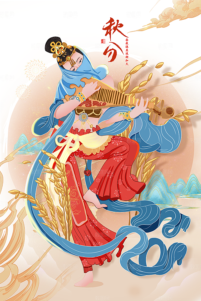 中国风复古国潮烫金岩彩飞天仙女敦煌插画