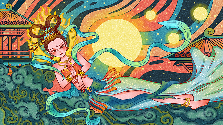 中国风复古国潮烫金岩彩飞天仙女敦煌插画