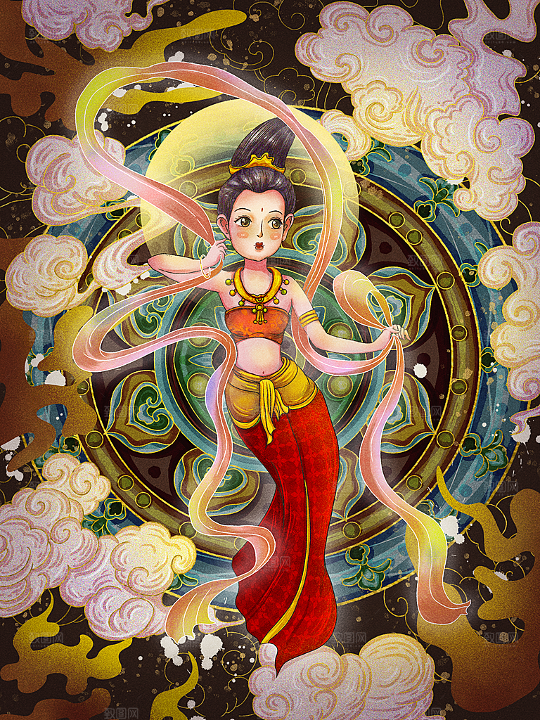 中国风复古国潮烫金岩彩飞天仙女敦煌插画