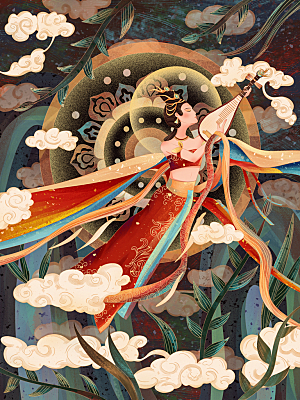 中国风复古国潮烫金岩彩飞天仙女敦煌插画