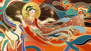 中国风复古国潮烫金岩彩飞天仙女敦煌插画
