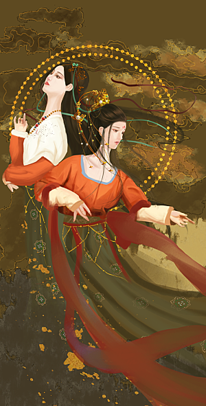 中国风复古国潮烫金岩彩飞天仙女敦煌插画