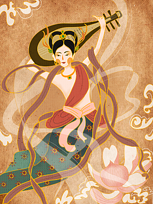 中国风复古国潮烫金岩彩飞天仙女敦煌插画