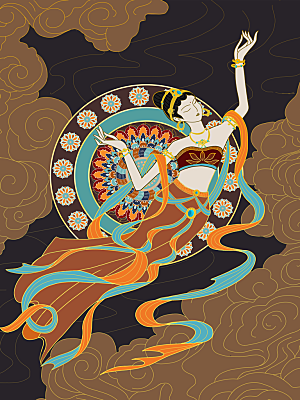 中国风复古国潮烫金岩彩飞天仙女敦煌插画