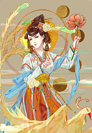 中国风复古国潮烫金岩彩飞天仙女敦煌插画