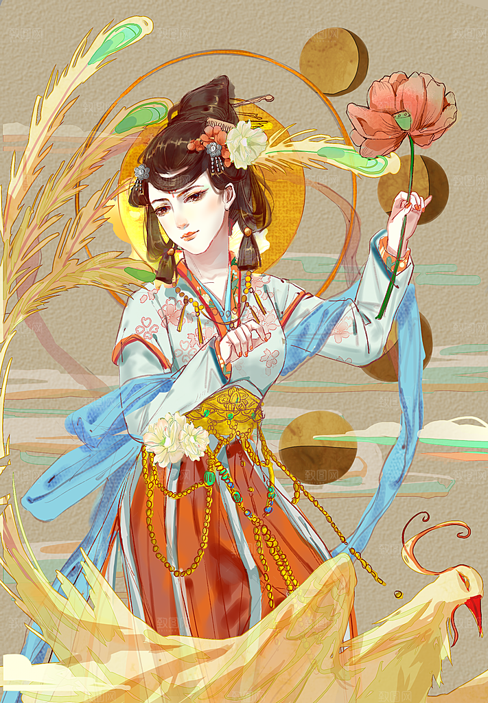 中国风复古国潮烫金岩彩飞天仙女敦煌插画