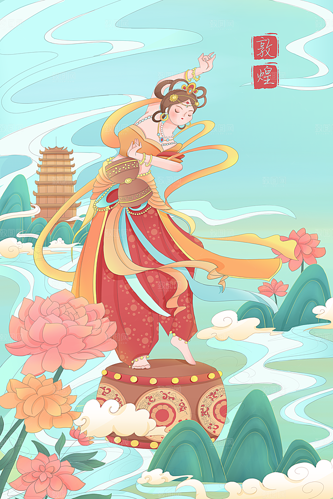 中国风复古国潮烫金岩彩飞天仙女敦煌插画