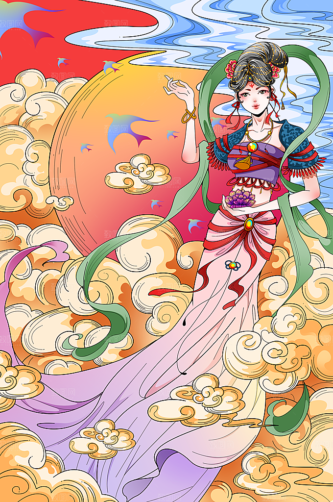 中国风复古国潮烫金岩彩飞天仙女敦煌插画