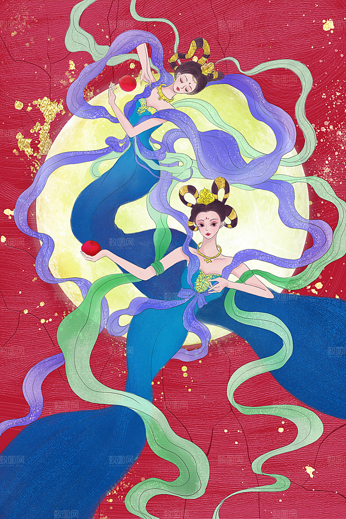 中国风复古国潮烫金岩彩飞天仙女敦煌插画